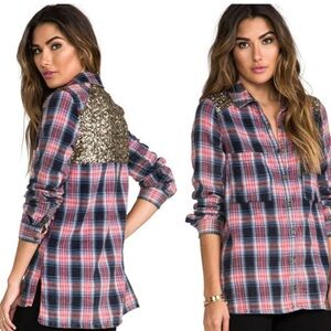 Free People little bit of sugar Plaid sequin Button Down Shirt